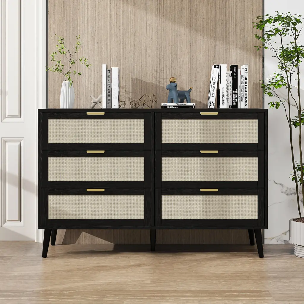 Modern 6 Drawer Dresser Wood Cabinet Black Particle Board milestone homelife