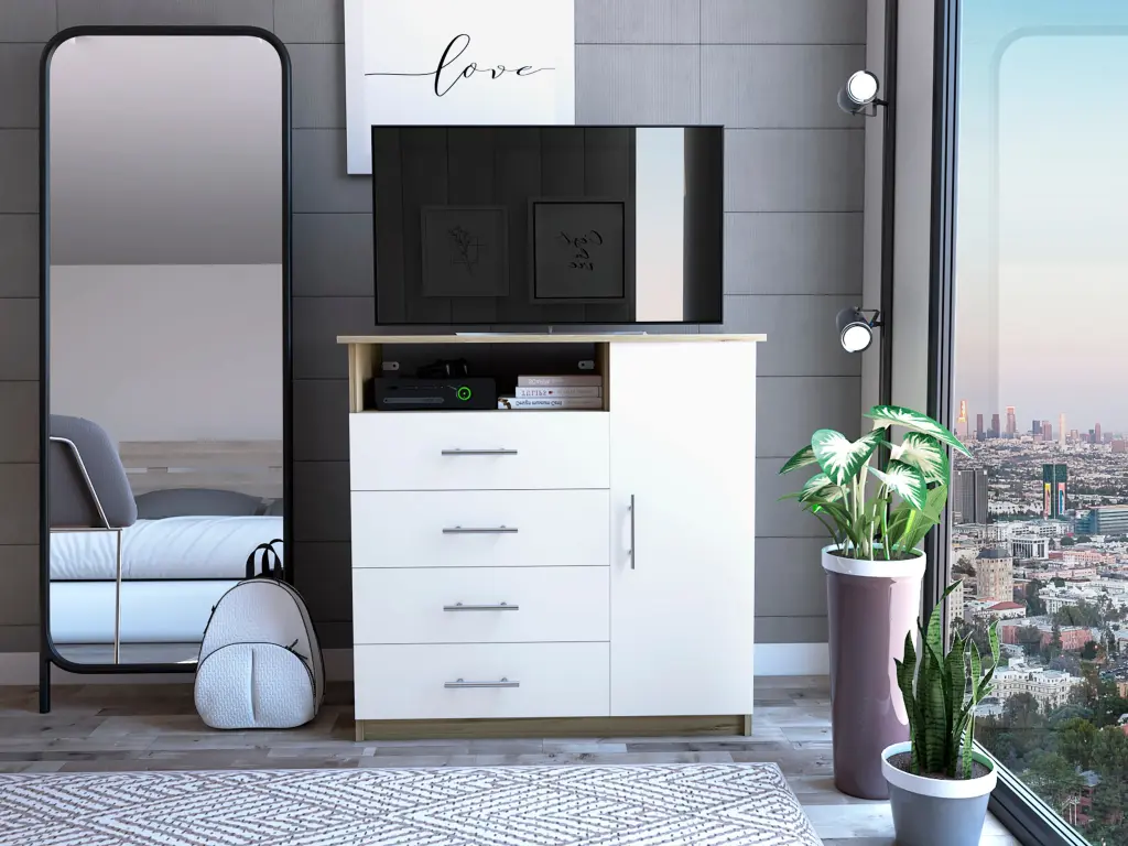 Baylon 4 Drawer 1 Shelf Dresser White Particle Board furniture max