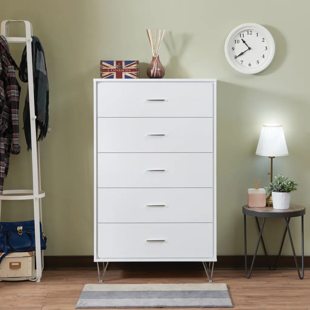 White 5 Drawer Chest Single Handles Contemporary Bedroom furniture max