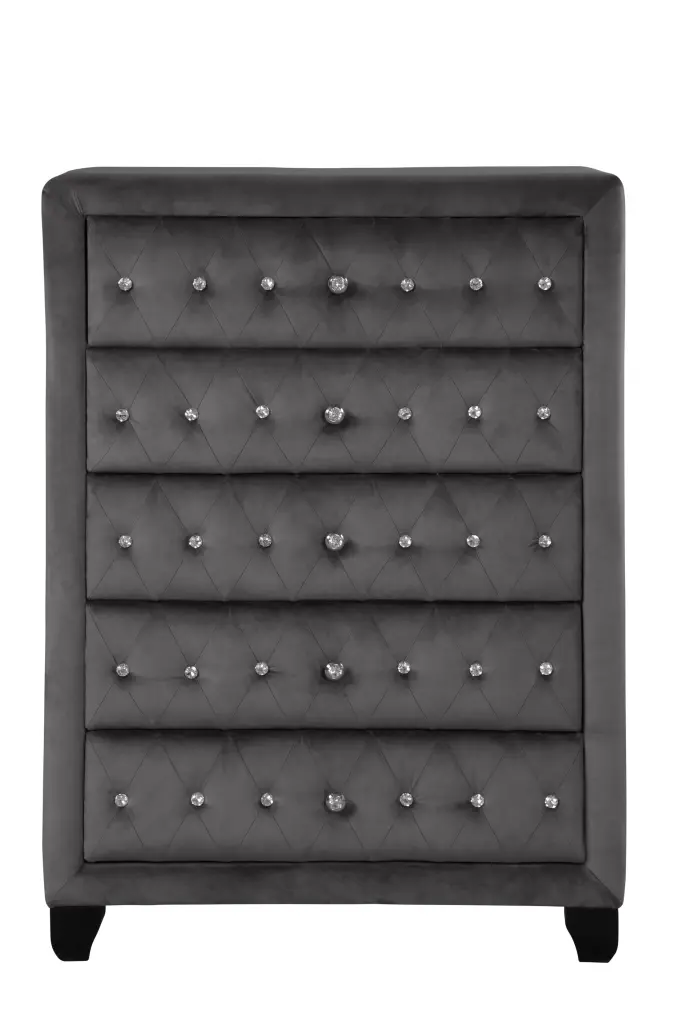 Sophia Modern Style Crystal Tufted Upholstery 5 Drawer Chest galaxy home furnishings
