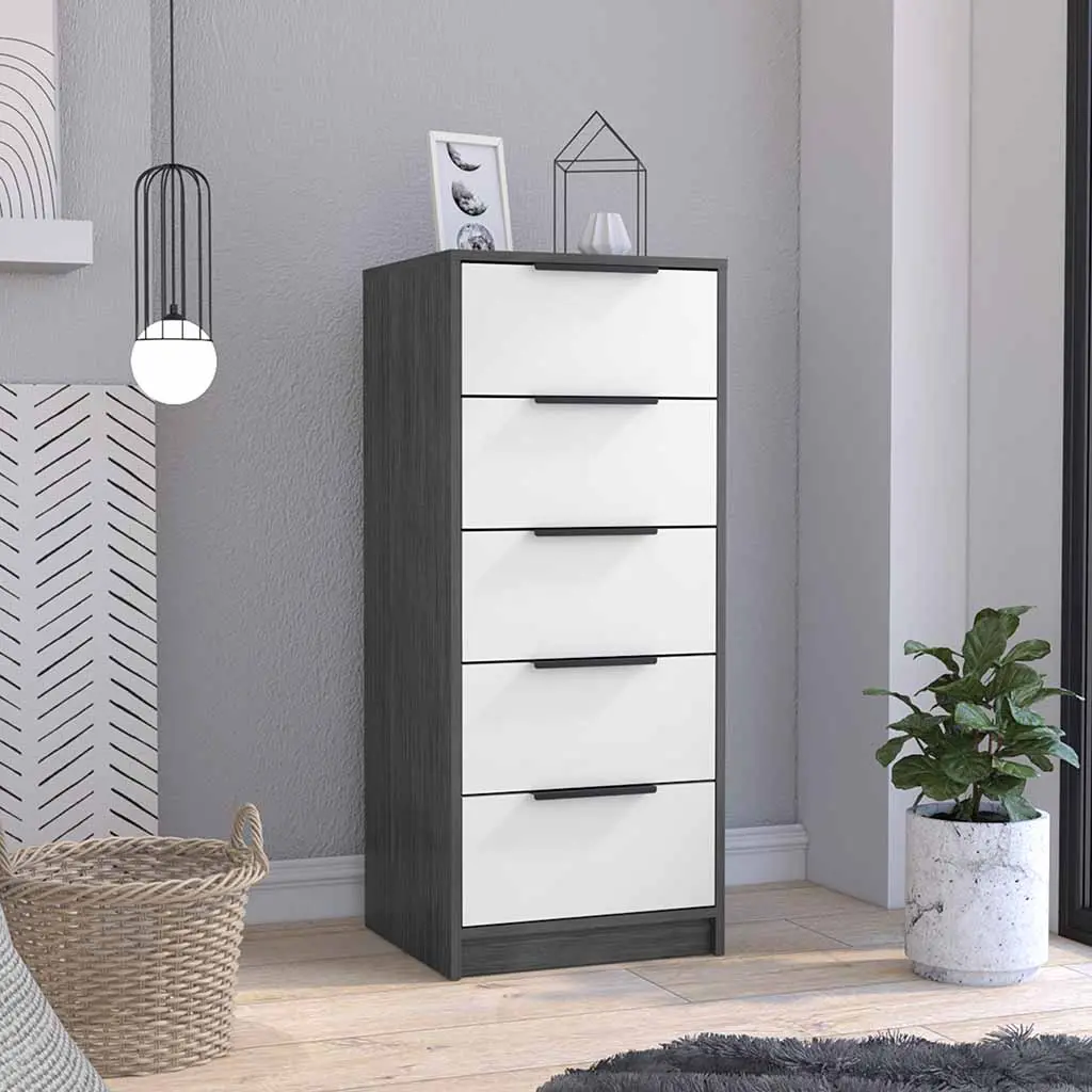 Dresser 42 Inch H 5 Drawer Vertical Dresser White Smokey Oak White Particle Board depot e-shop