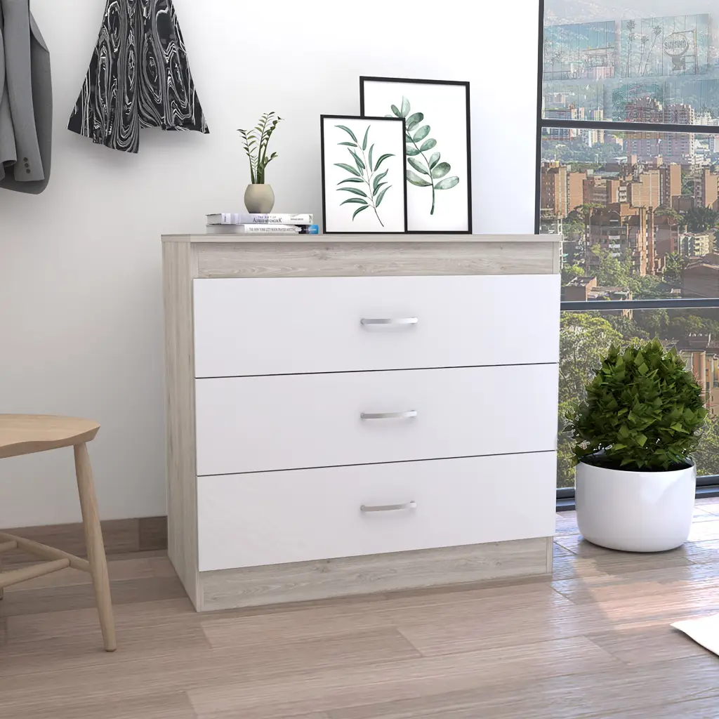29 Inch Light Gray Dresser Three Drawers and Metal Hardware High Quality Top depot e-shop