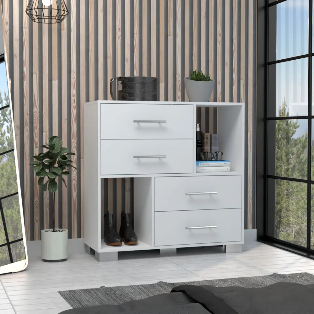 White 35 Inch Dresser Two Open Shelves Four Drawers and Metal Handles depot e-shop