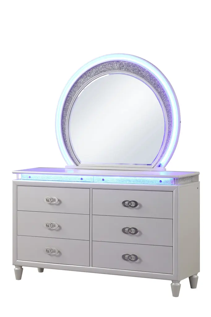Perla 6 Drawer LED Dresser Made Wood Milky White Finish galaxy home furnishings