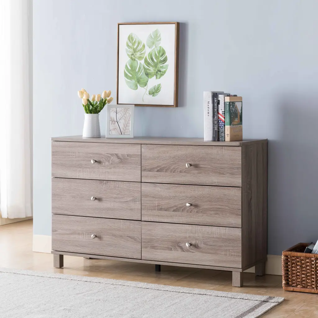 Dresser Six Drawers Metal Knob Handles Brown Taupe Particle Board Bedroom id international- inc.