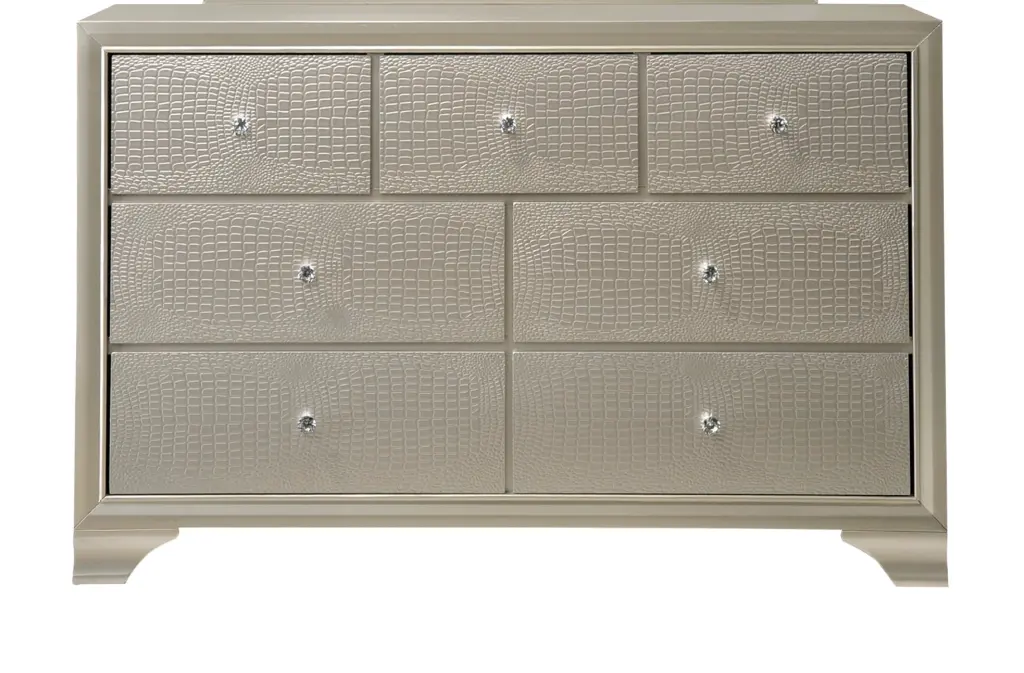 Modern Glam Style Champagne Finish Seven Drawer Dresser Embossed Design kanepe