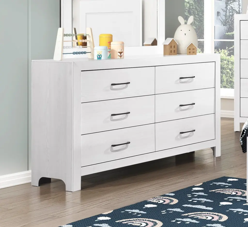 Modern White Finish 6-Drawer Dresser Black Hardware Wooden Design kanepe