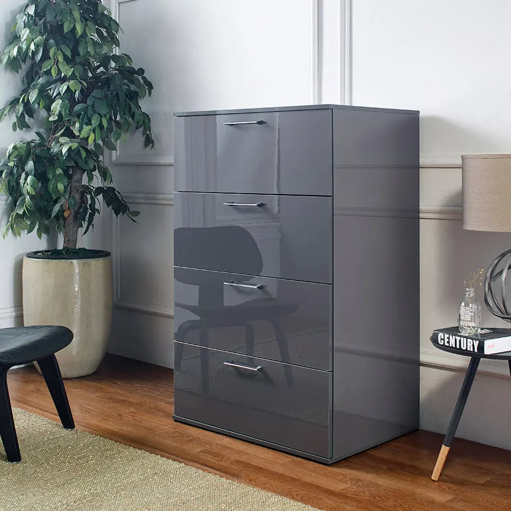 Bliss Glossy Four Drawer Jumbo Chest Dark Gray Solid Wood klair living