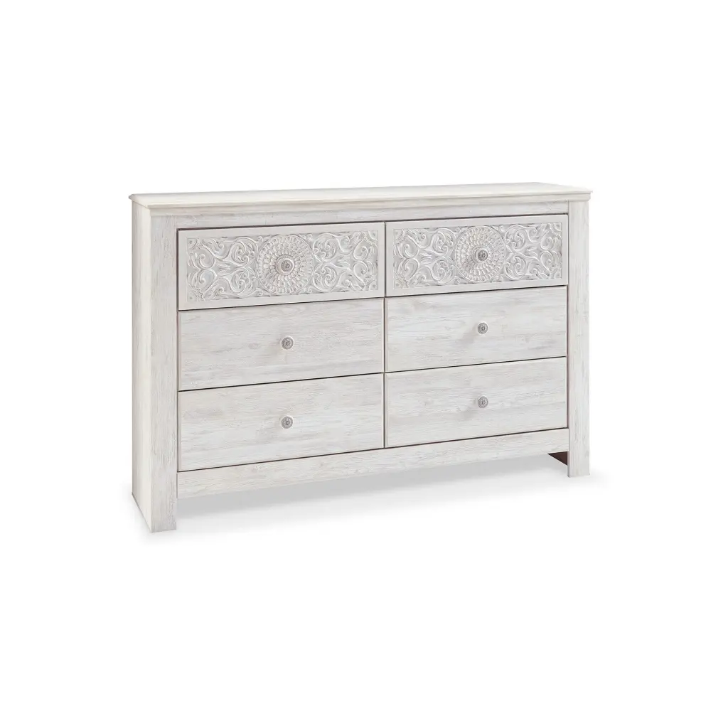 61 Inch Modern Whitewashed Wood Dresser 6 Drawers and Medallion Design royal hampton
