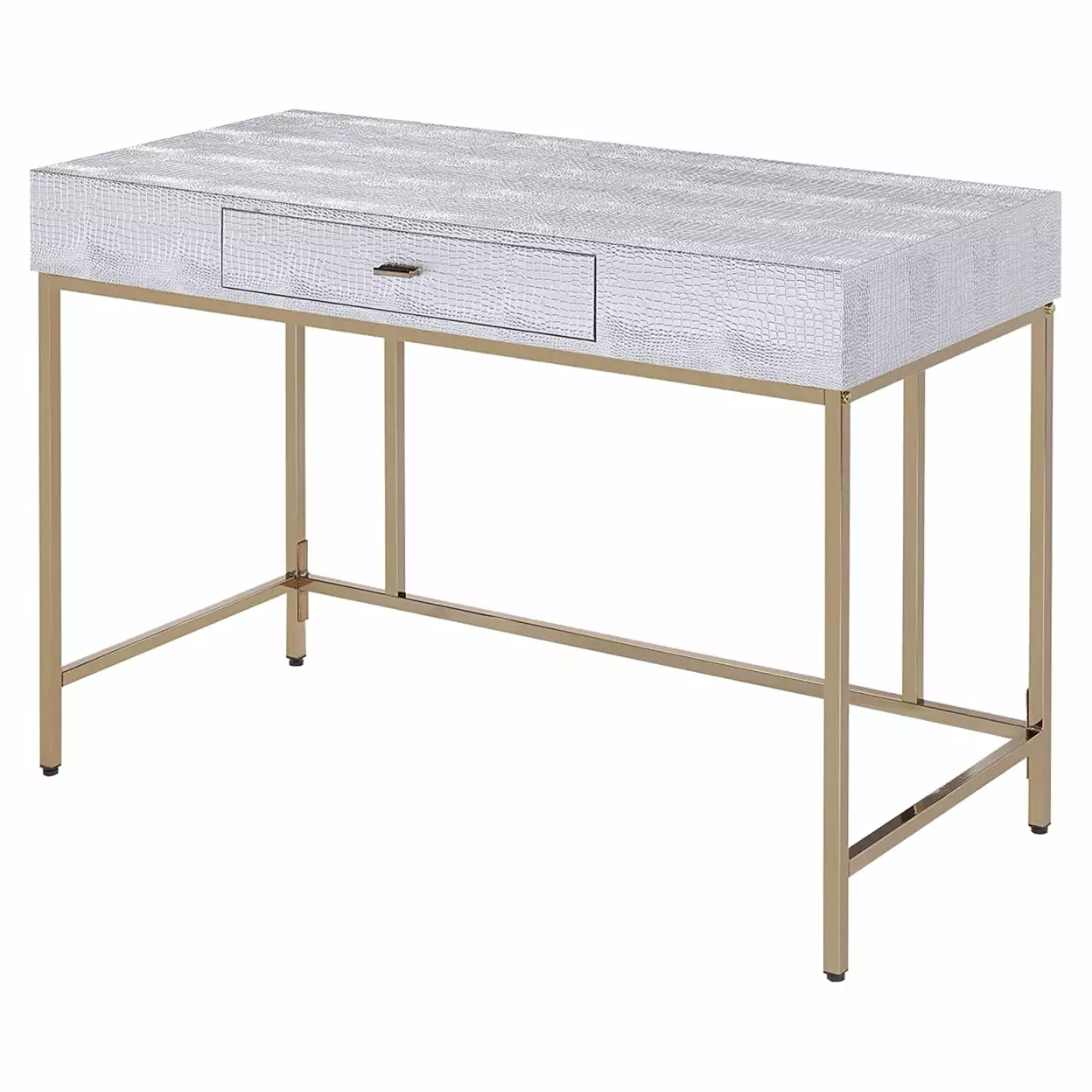 Leatherette Upholstered Vanity Desk Metal Base Floor Protectors Silver Gold Saltoro Sherpi Acme Furniture
