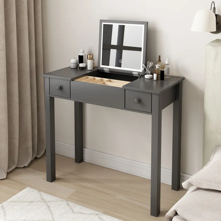 Polished Grey Vanity Table LED Lights Flip Top Mirror and 2 Drawers familyroom furnitures