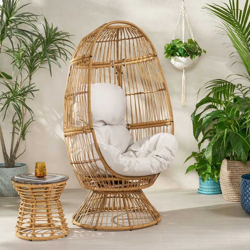 Reseda Swivel Patio Egg Chair Natural Fabric Outdoor nh-home living