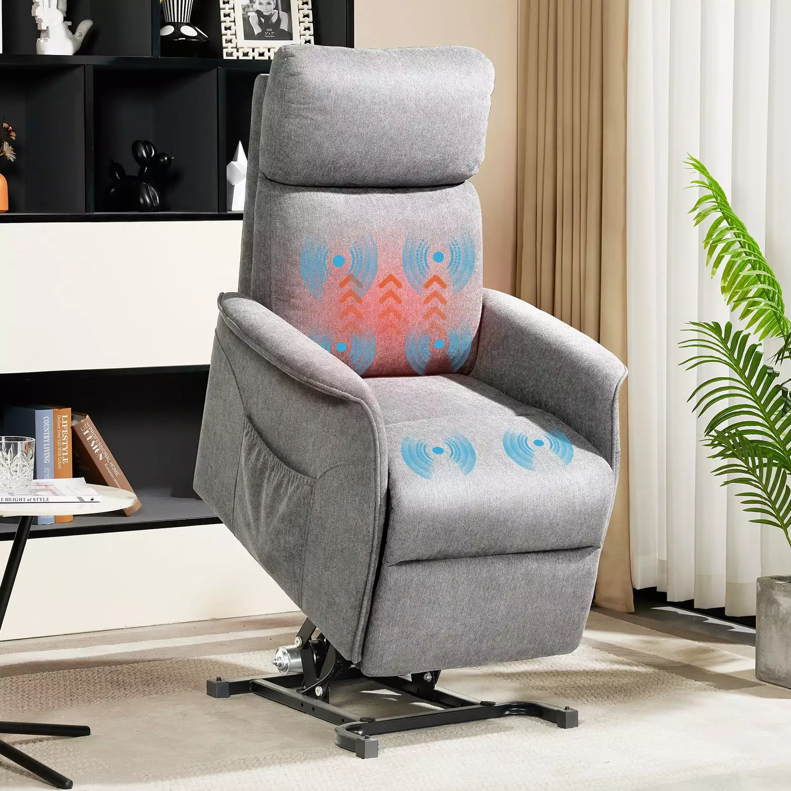 FIBO Grey Fabric Electric Power Lift Recliner Chair Massage Heat and Extended Footrest Elderly
