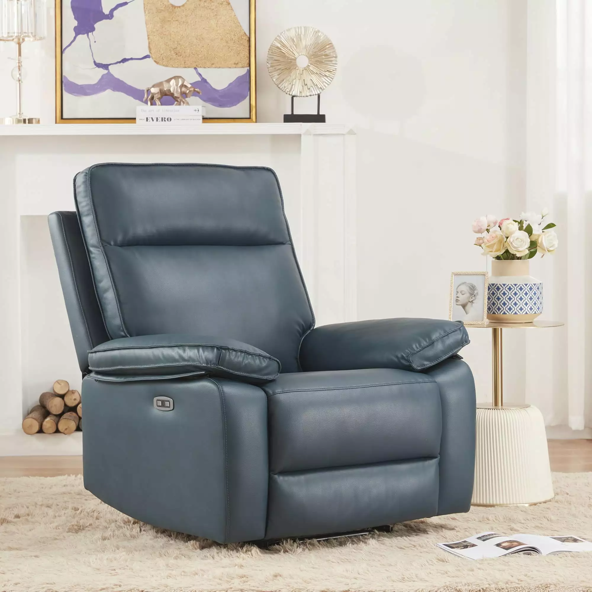 Electric Power Recliner Chair USB Port High Back Modern Leather Sofa Dark Blue Jamini