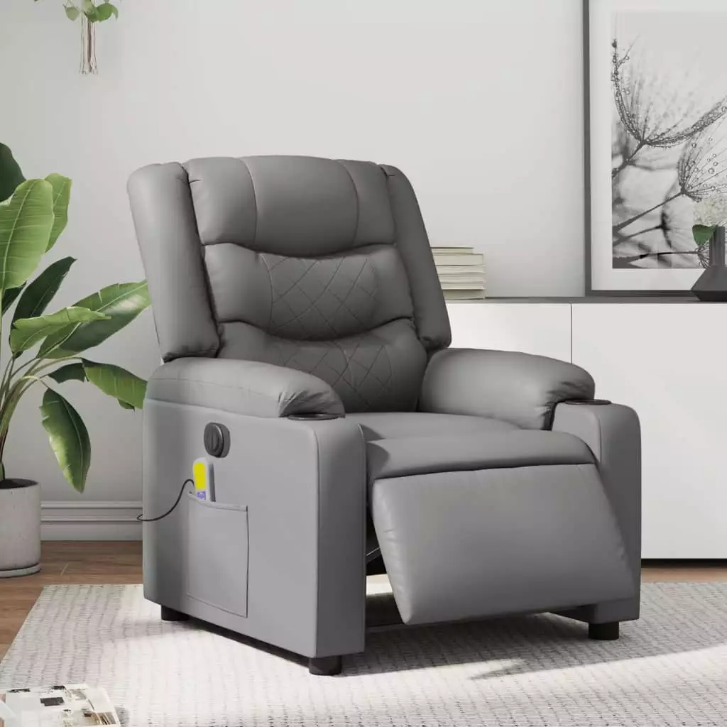 vidaXL Electric Massage Recliner Chair Gray Faux Leather - Comfortable Power Recliner Massage