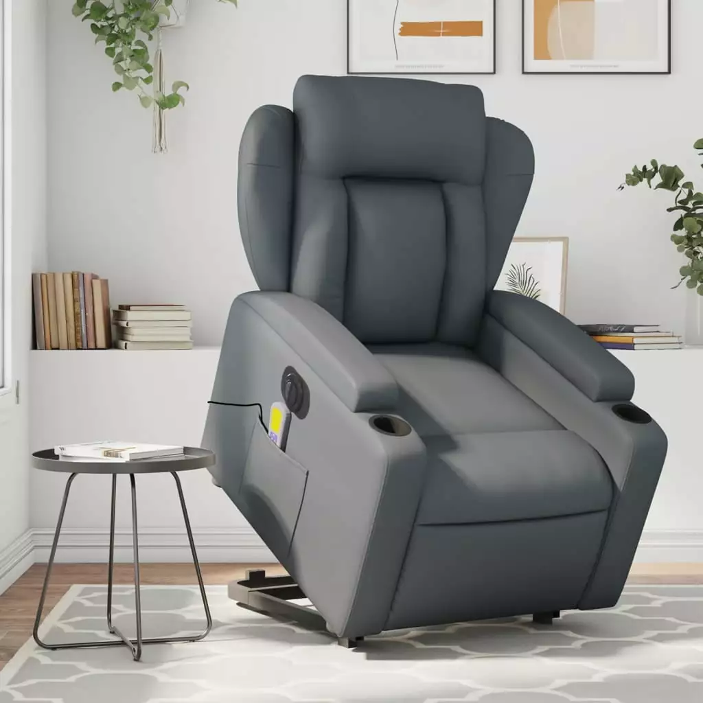 vidaXL Electric Stand Up Massage Recliner Chair Gray Faux Leather Multiple Functions