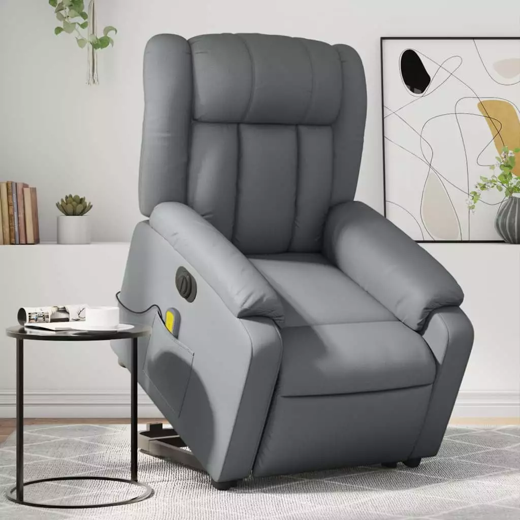 vidaXL Electric Stand Up Massage Recliner Chair Gray Faux Leather Multiple Functions