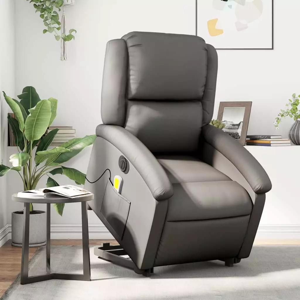 vidaXL Electric Stand Up Massage Recliner Chair Gray Real Leather