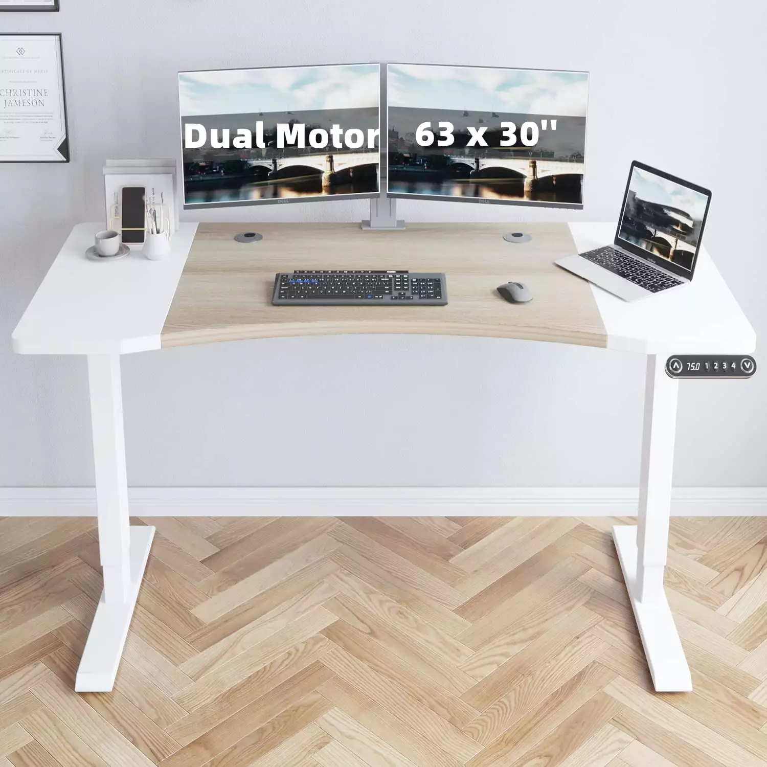 Dual Motor Height Adjustable Standing Desk 63 x 30 Inches White Frame and Top Home Office Desk Cometmin
