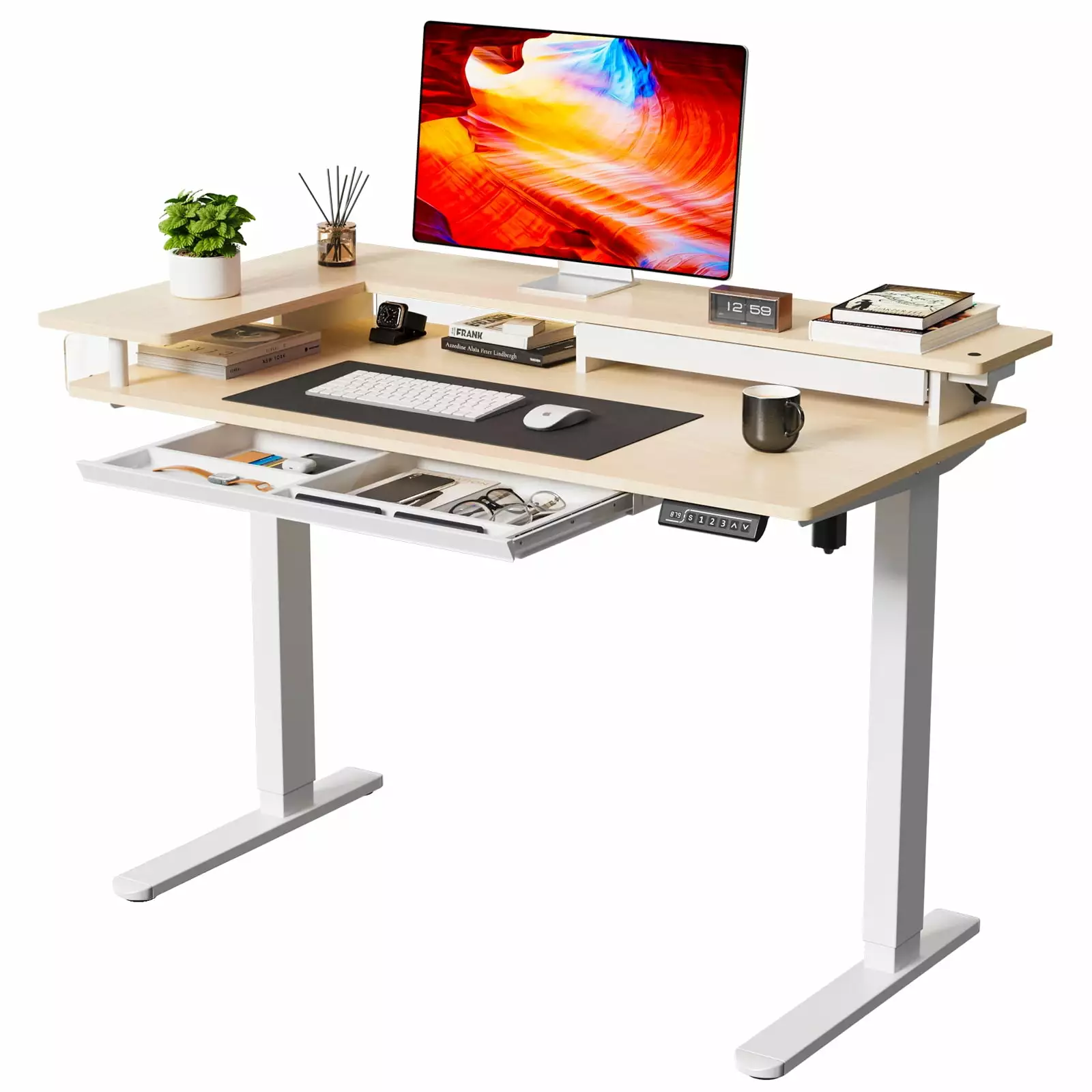 48 Inch Electric Standing Desk Double Drawers Light Wood Adjustable Height Sit Stand Desk JYLH JOYSEEKER