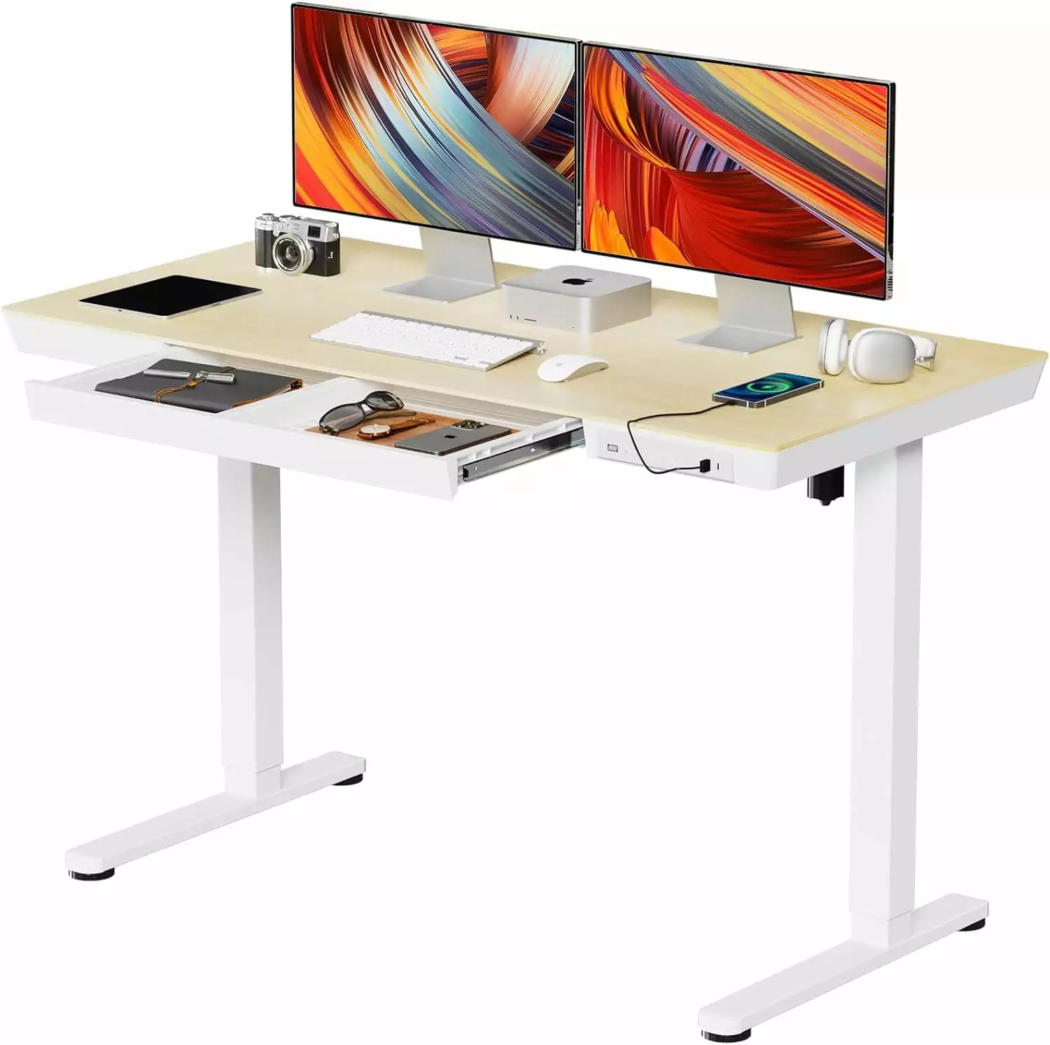 48 Inch Electric Standing Desk Drawers Light Wood Adjustable Height Sit Stand Desk JYLH JOYSEEKER