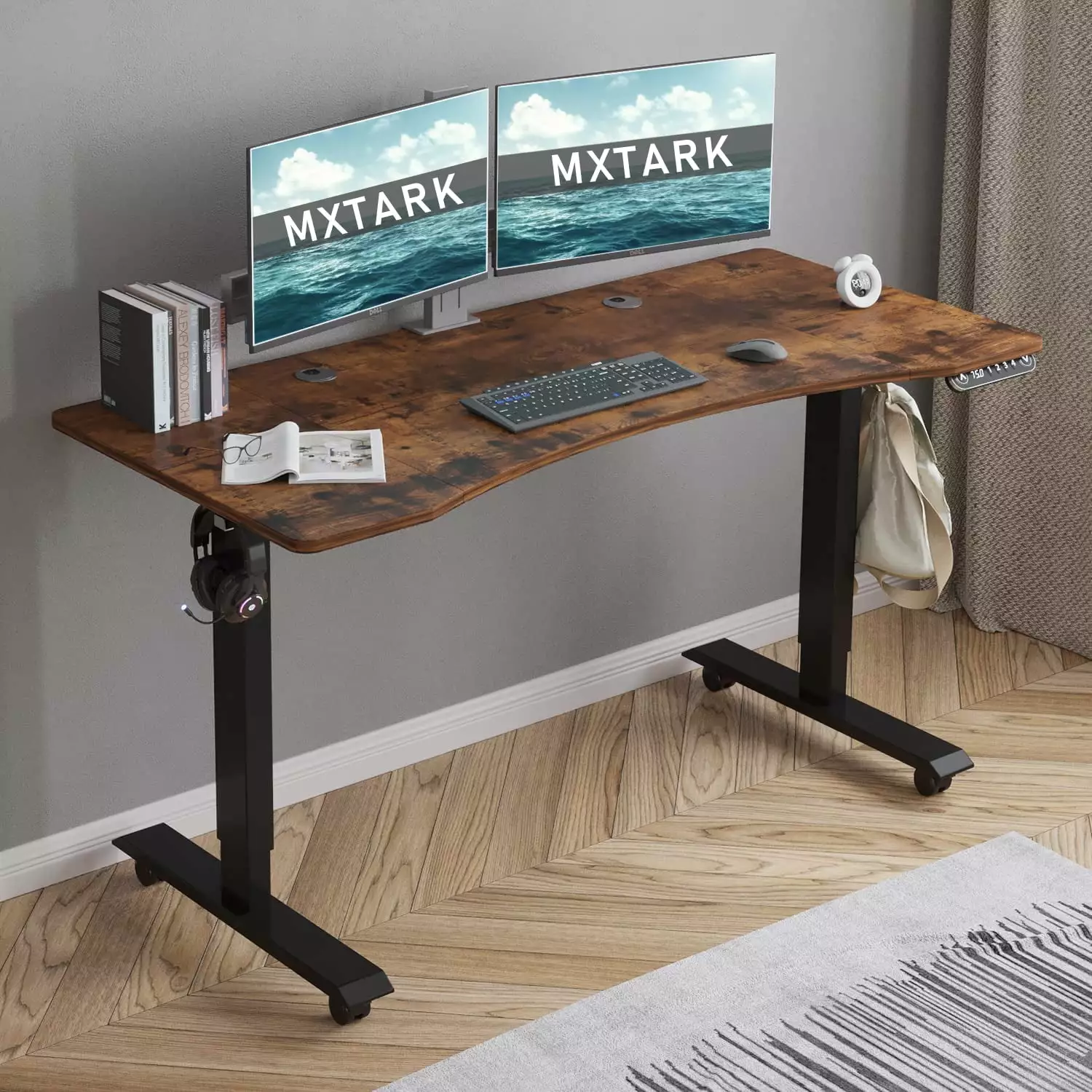 Electric Height Adjustable Standing Desk 55 Inches Vintage Brown Top Ergonomic Stand Up Desk Workstation Mxtark