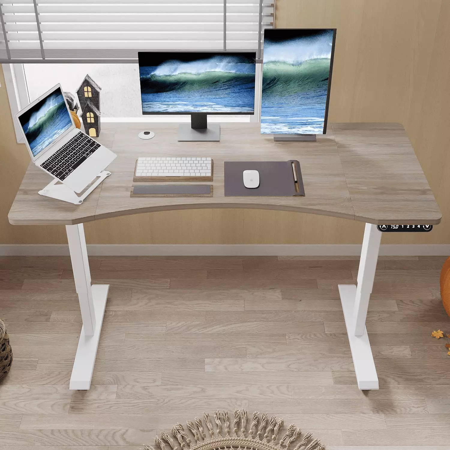 Mxtark Electric Standing Desk 55 x 30 Inches Height Adjustable Sit Stand Desk Oak Finish