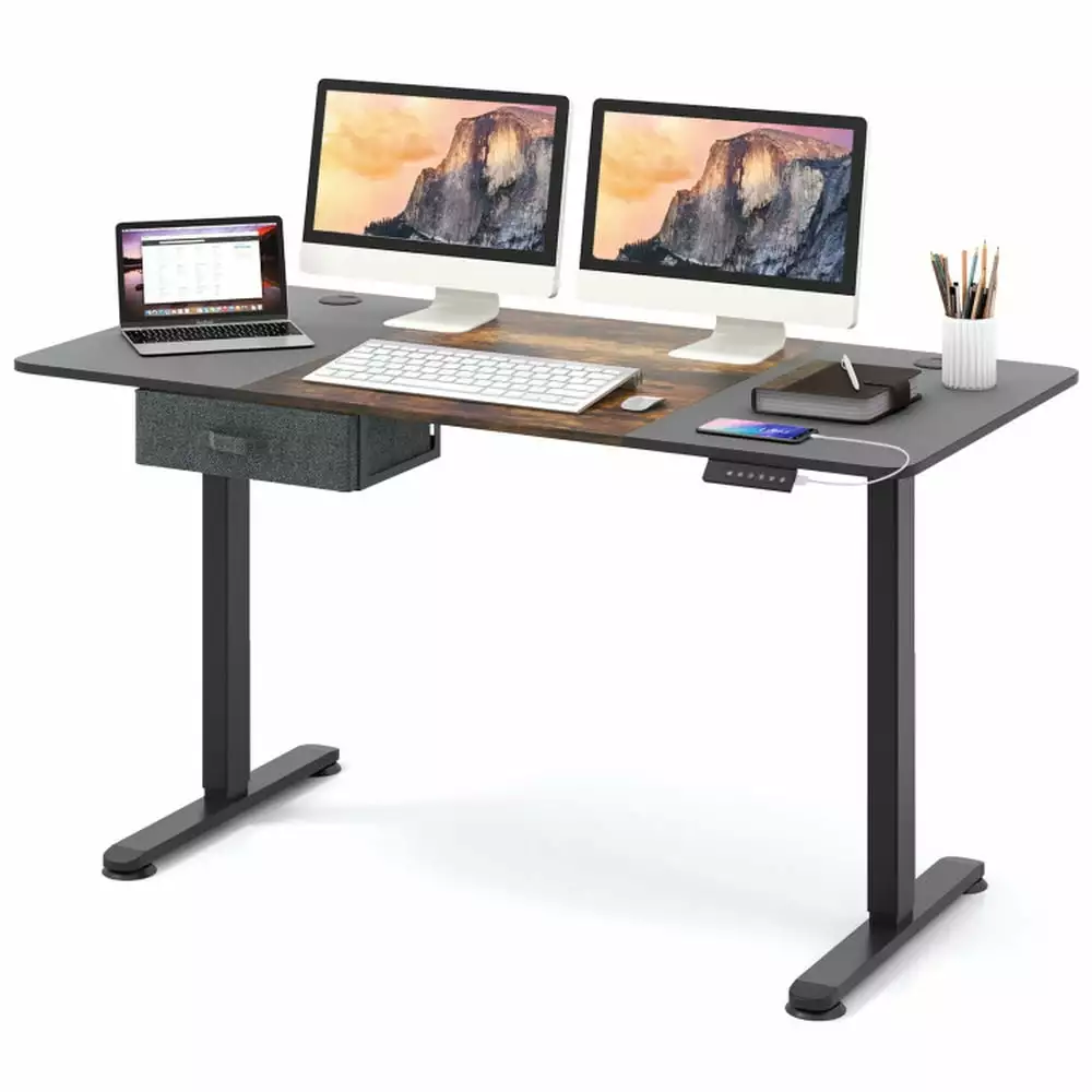 Resenkos Electric Standing Desk Rustic Brown USB Charging Height Adjustable Office Desk