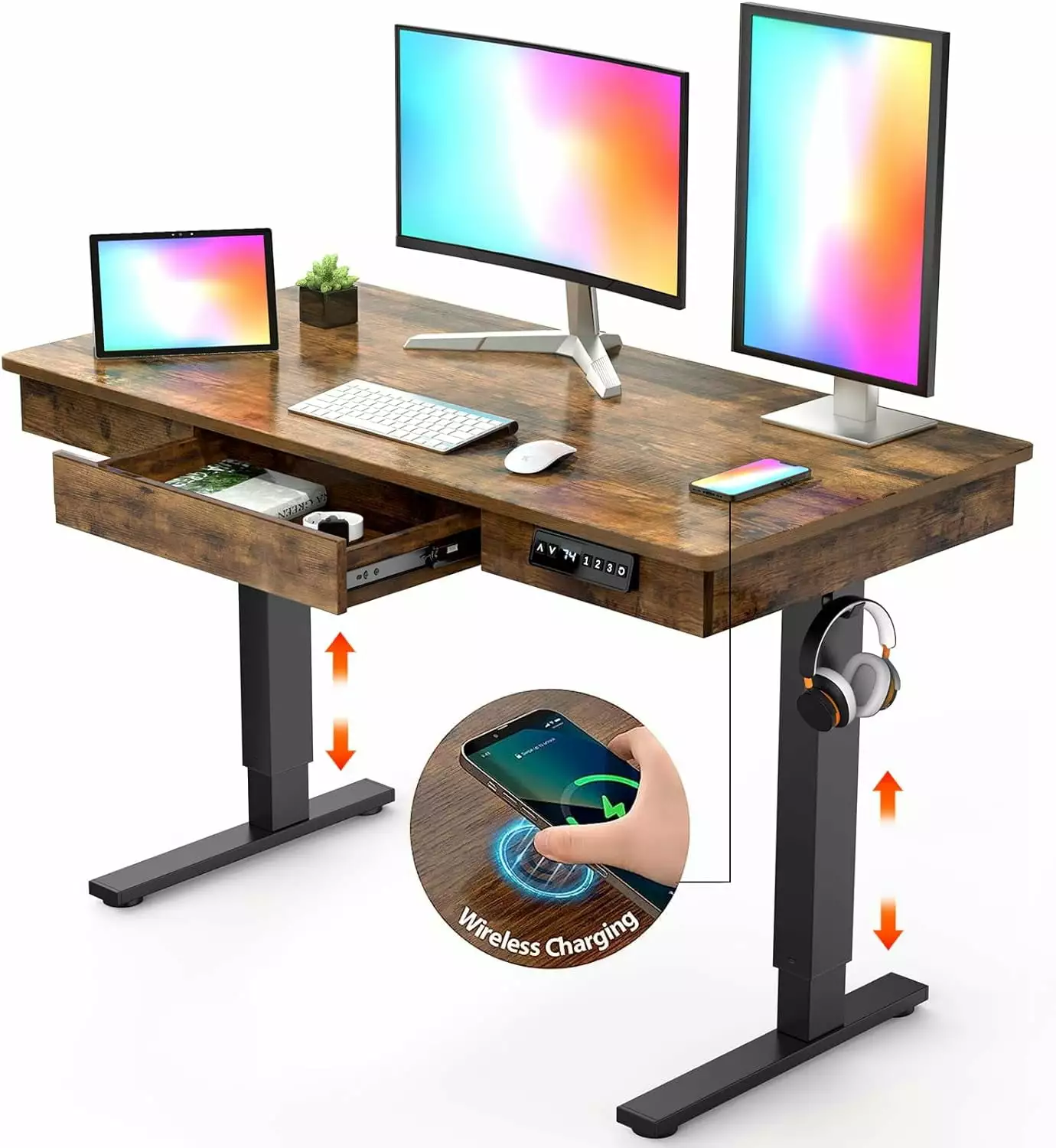 Sfugno Electric Standing Desk Height Adjustable Drawer and Wireless Charging 48 x 24 Inches One-Piece Wooden Desktop
