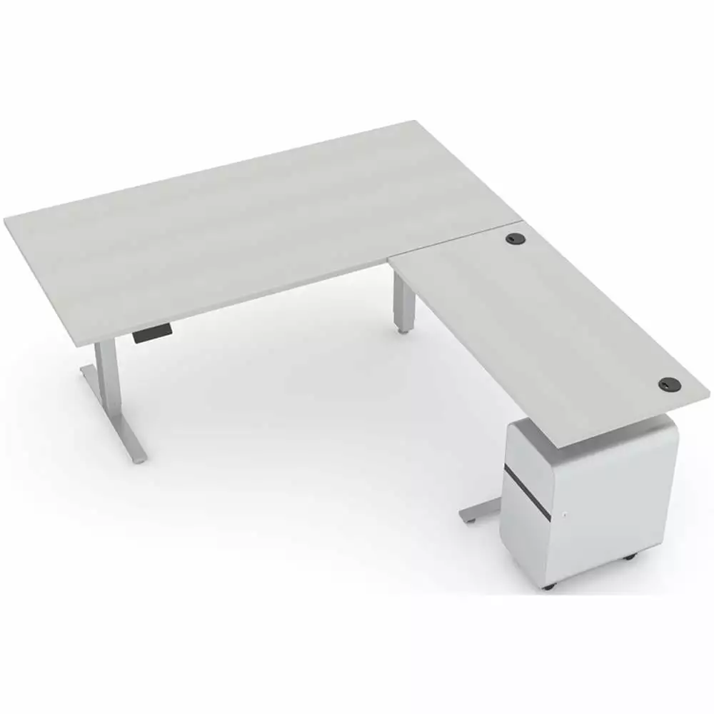 L-Shaped Adjustable Electric Sit-Stand Desk File Cabinet White and Light Gray SKUTCHI