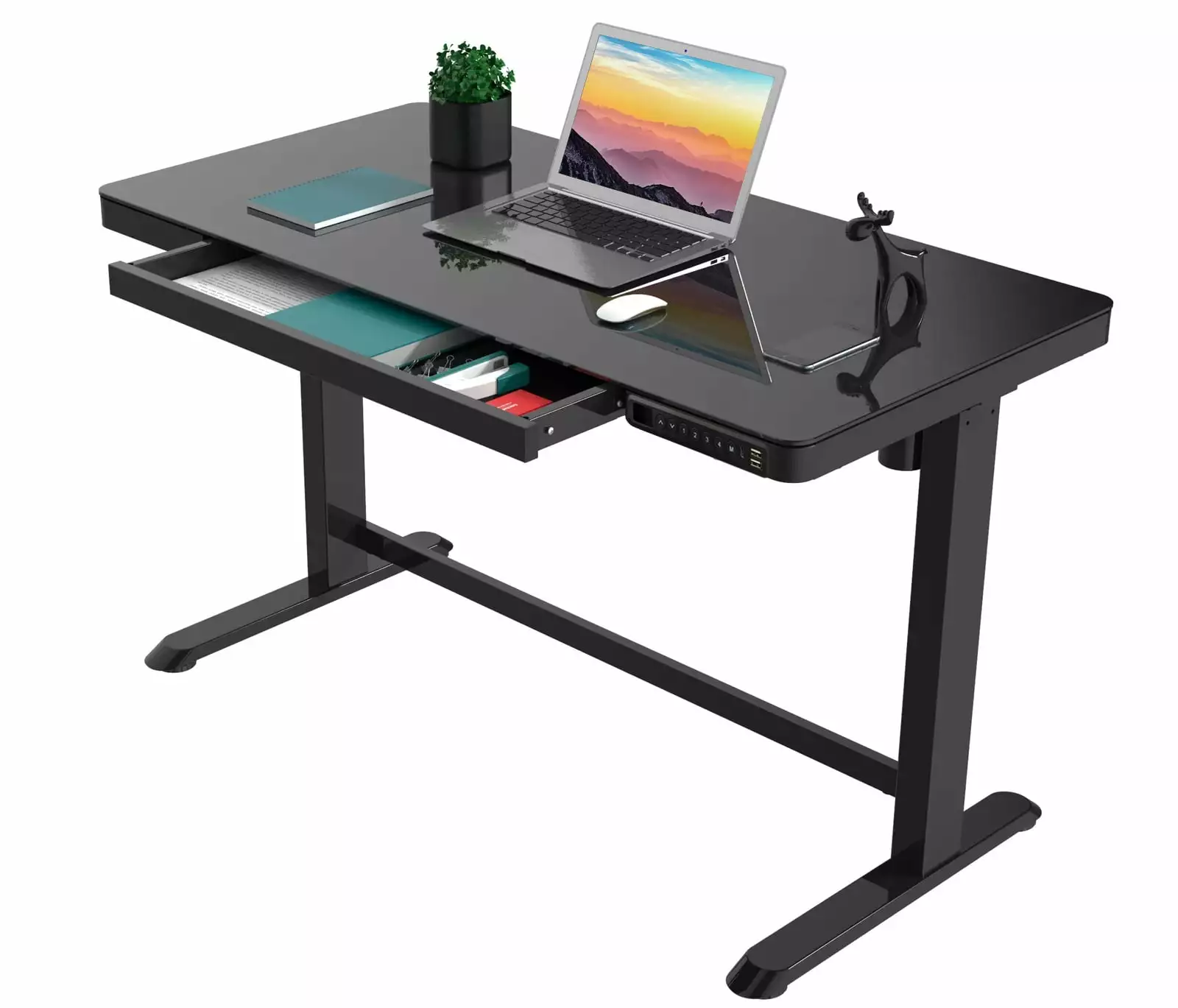 Rise Up Glass Electric Standing Desk 23.7x45.3 Adjustable Height USB C Charging Ports Black Uncaged Ergonomics