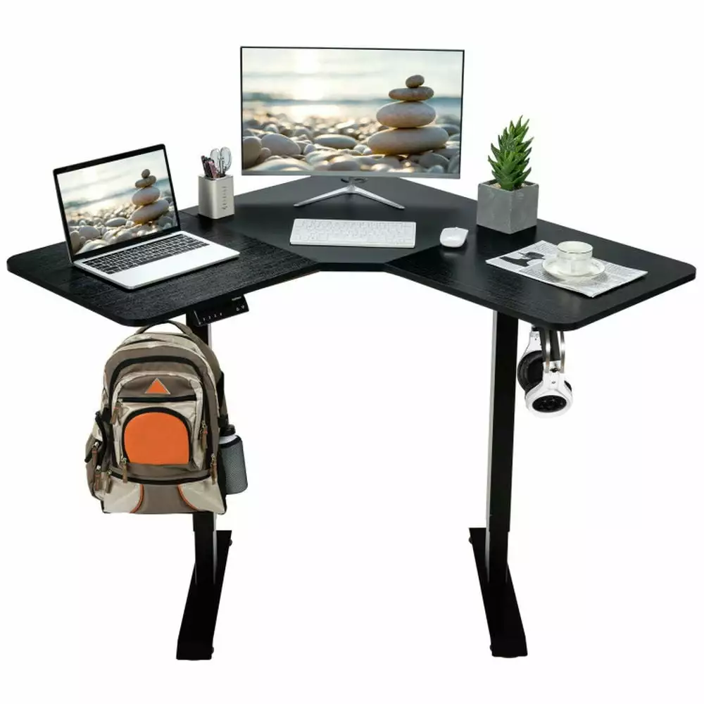 Yardi L-Shaped Electric Standing Desk 4 Memory Positions LCD Display Black Computer Gaming Desk Yardi Yard