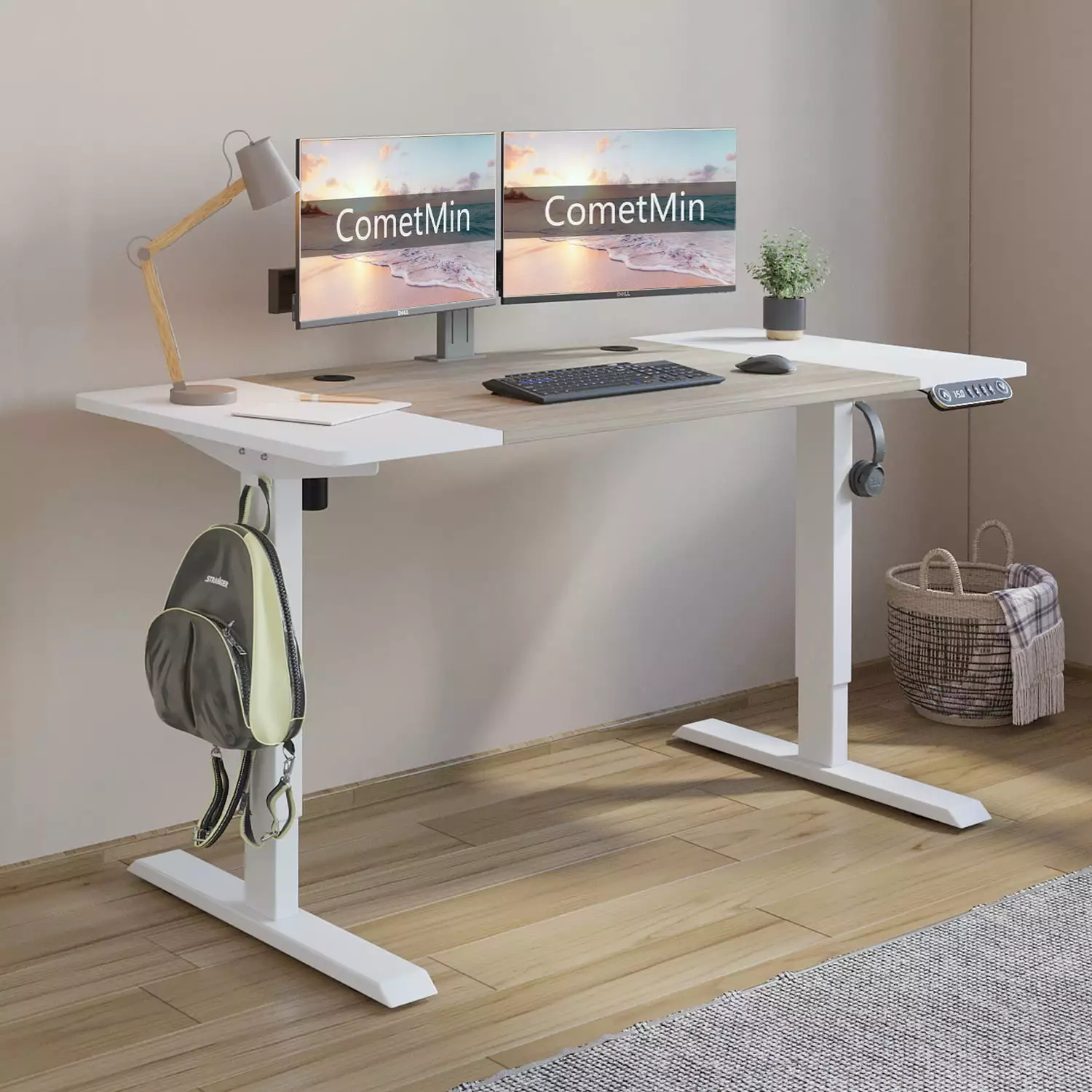 Electric Height Adjustable Standing Desk - 55 x 24 Inches Stand Up Desk Workstation White Frame and White Maple Top Cometmin