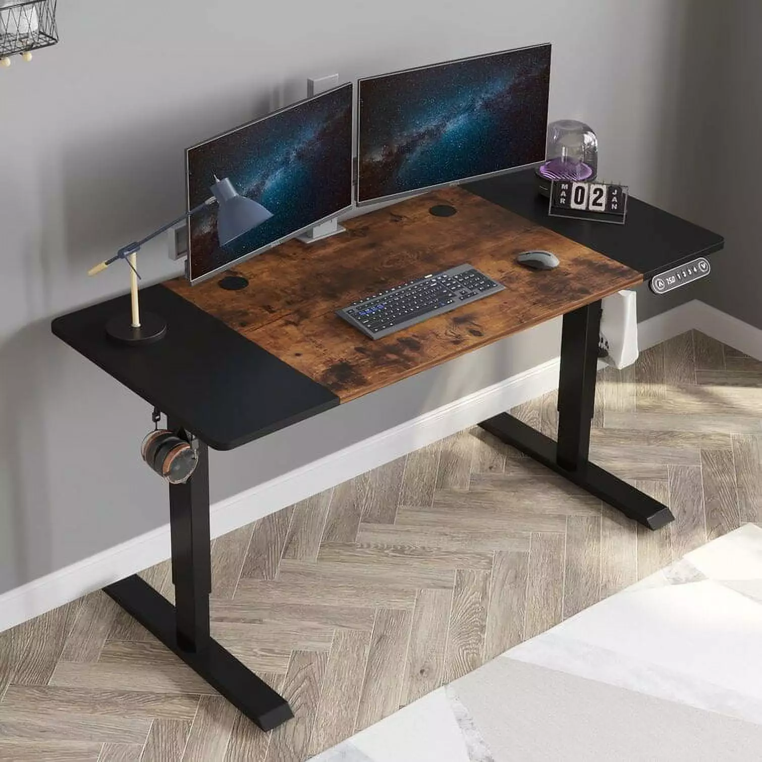 Electric Height Adjustable Standing Desk - 55 x 24 Inches Stand Up Desk Workstation Splice Board Black Frame and Brown Top...