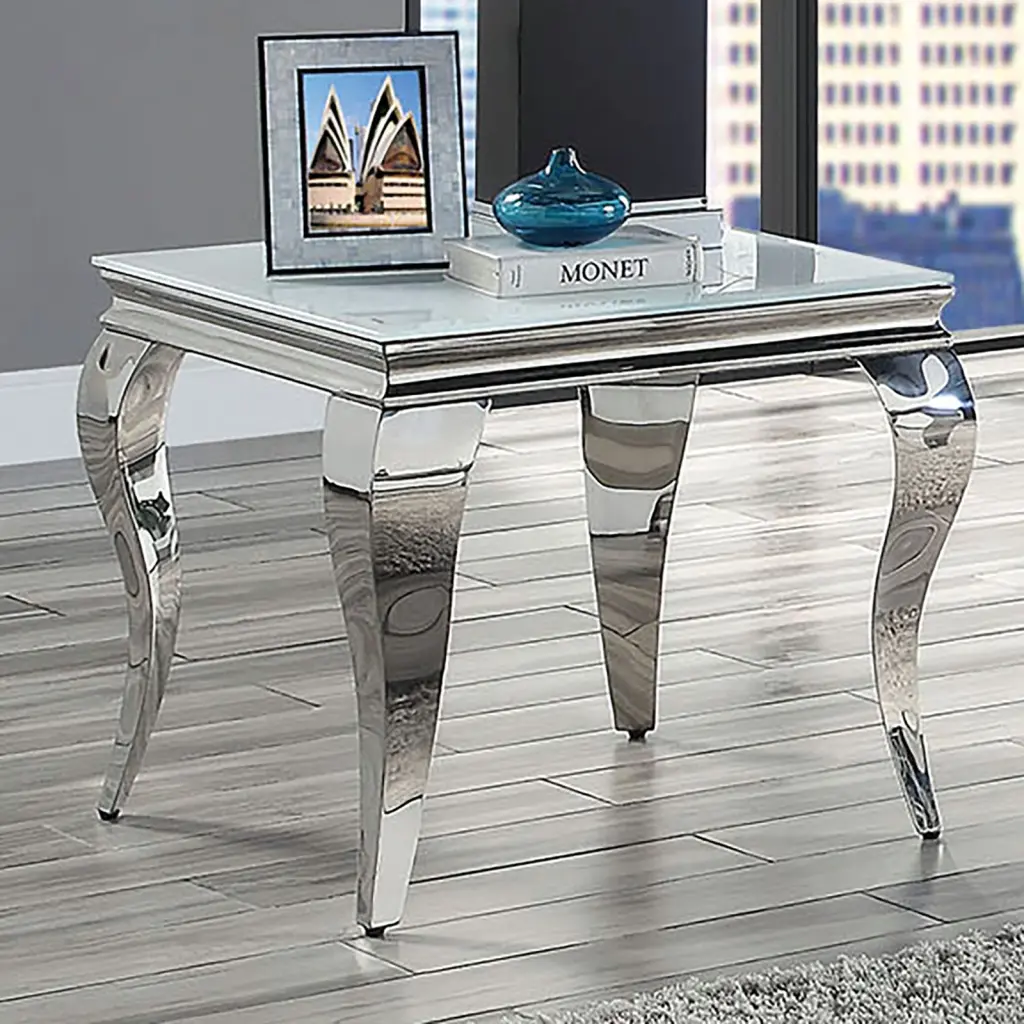 Glam Contemporary 1Pc End Table White Glass Top Silver Color Table Living Room kanepe