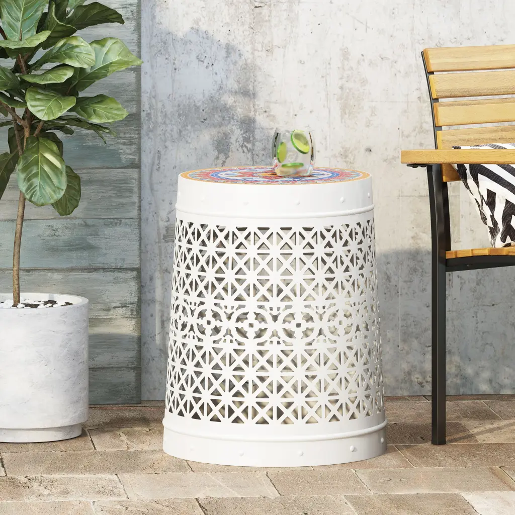 Cranbrook Side Table White Ceramic Tile Iron Frame Accent Table nh-cloudhouse