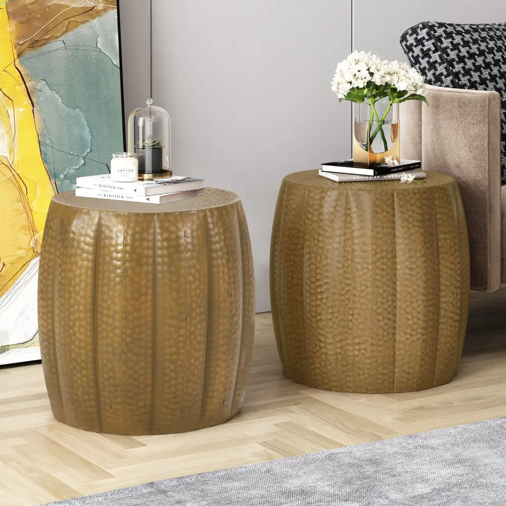 Gold Hammered End Tables Set 2 Gold Iron Side Tables Living Room nh-home living