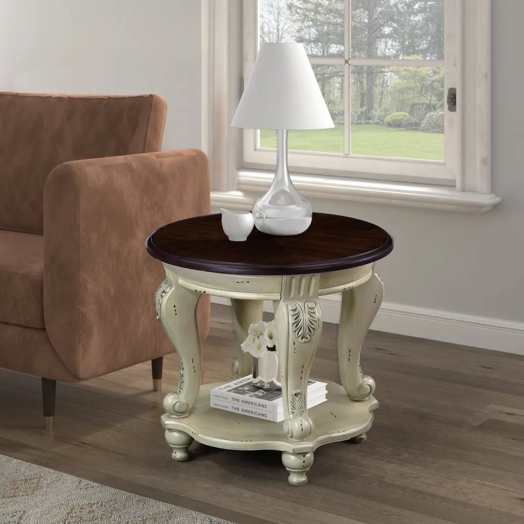 22 Inch Two Tone Round End Table Solid Wood Sofa Side Table Shelf power growth furniture