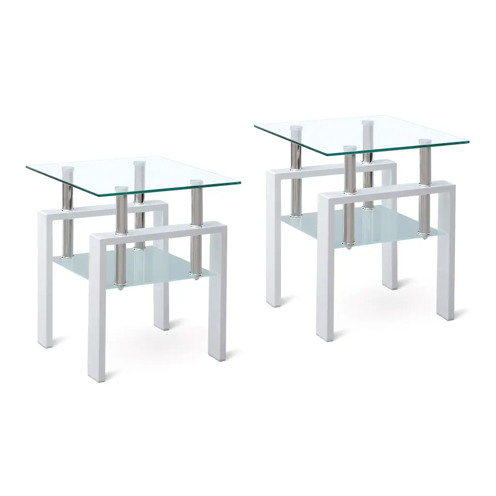2 Piece White Tempered Clear Glass End Table 2 Layer Small Table Set rnb