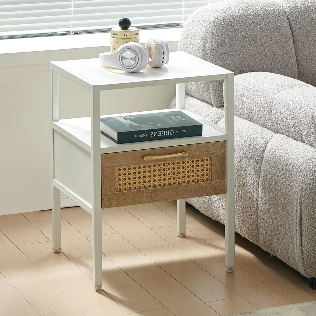 15.75 Inch Rattan End Table Drawer Modern Nightstand Metal Legs sya furniture
