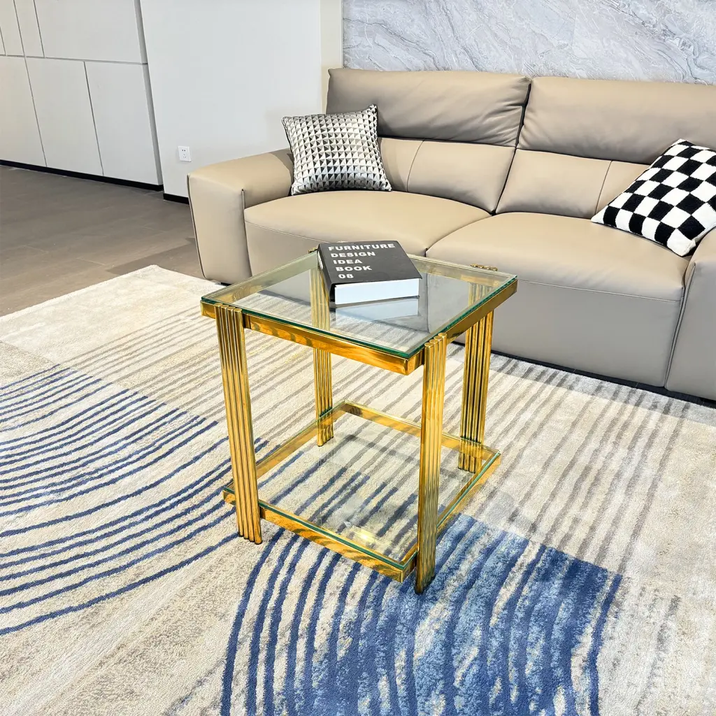 Golden Stainless Steel Double Layer Clear Tempered Glass End Table t2949