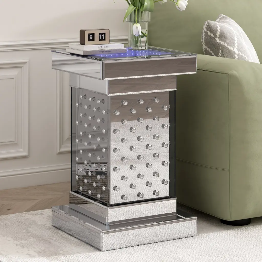 11.8 Inch Silver Square Mirrored End Table LED Lights Modern Side Table u-can