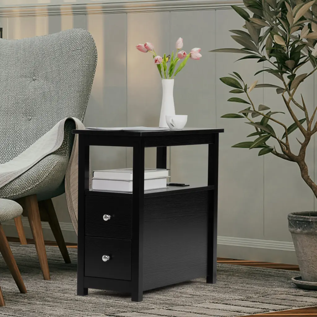 Narrow Wooden End Table Charging Station Sofa or Bedside w2181