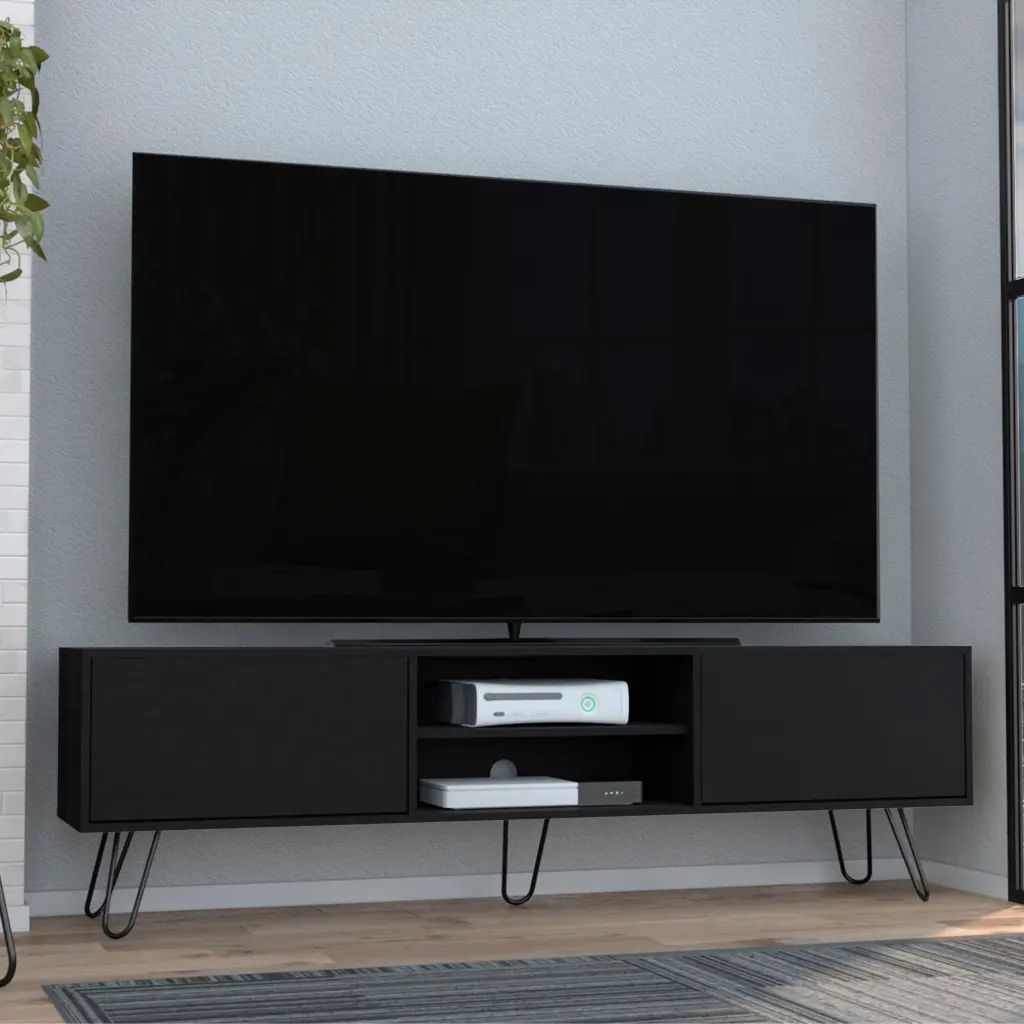 Vassel TV Stand Hinged Drawers and Hairpin Legs Entertainment Unit tuhome