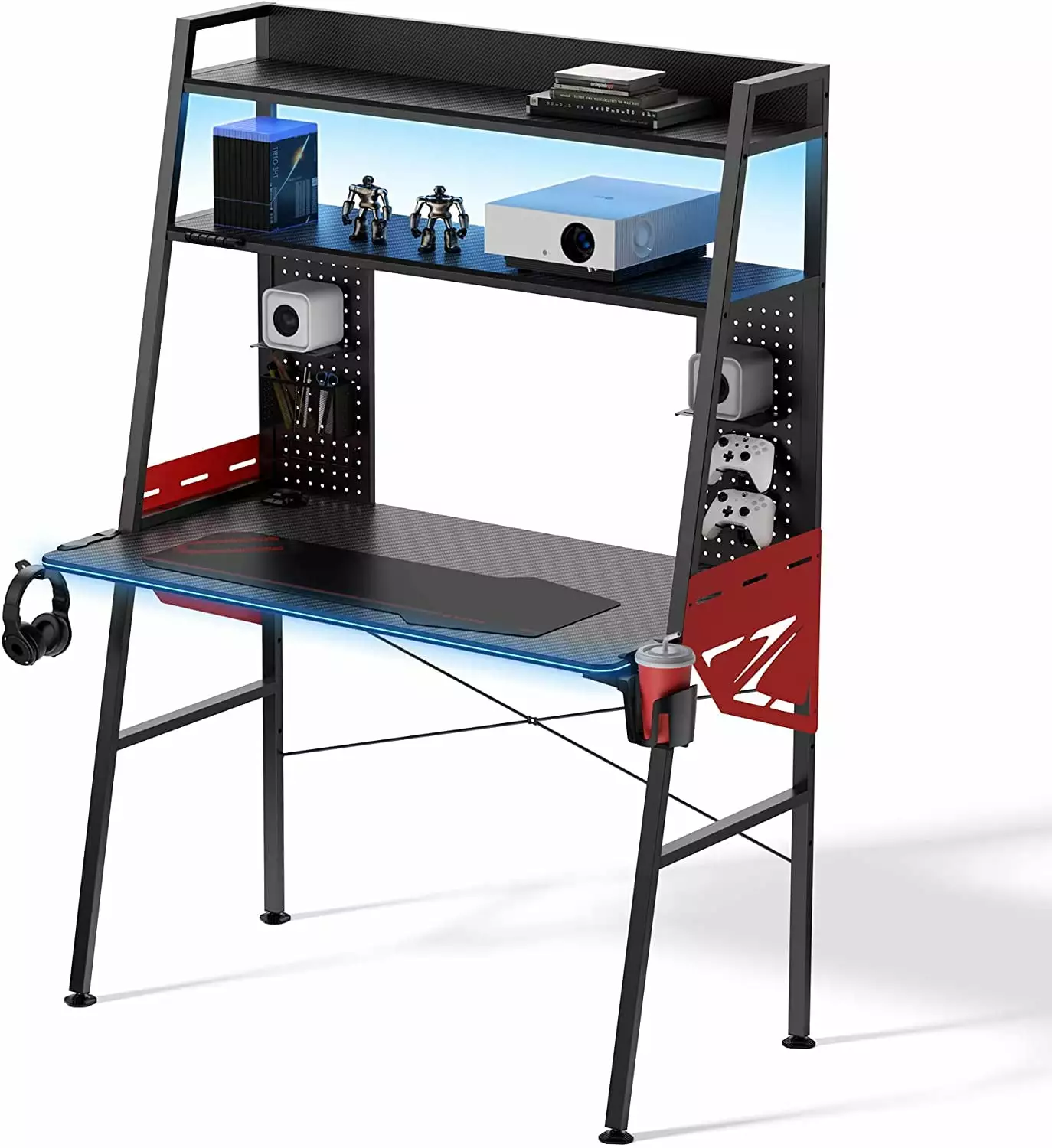 43 Inch Ergonomic LED Gaming Desk Shelves, Dual Pegboards, and Hutch en