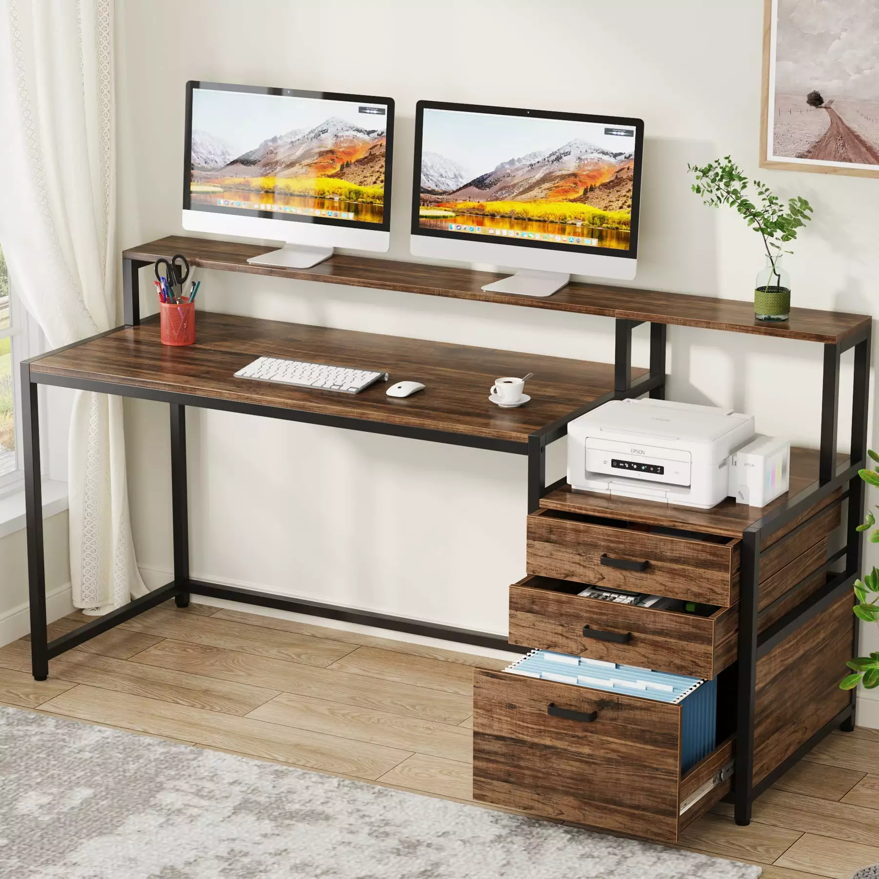 Tribesigns 63 Inch Computer Desk Monitor Stand and File Cabinet