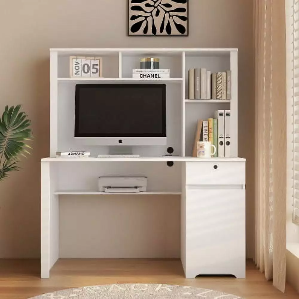Computer Desk Hutch and Bookshelf - Wood Executive Desk USB Charging Ports and AC Outlets Home Office ANHUITAGS
