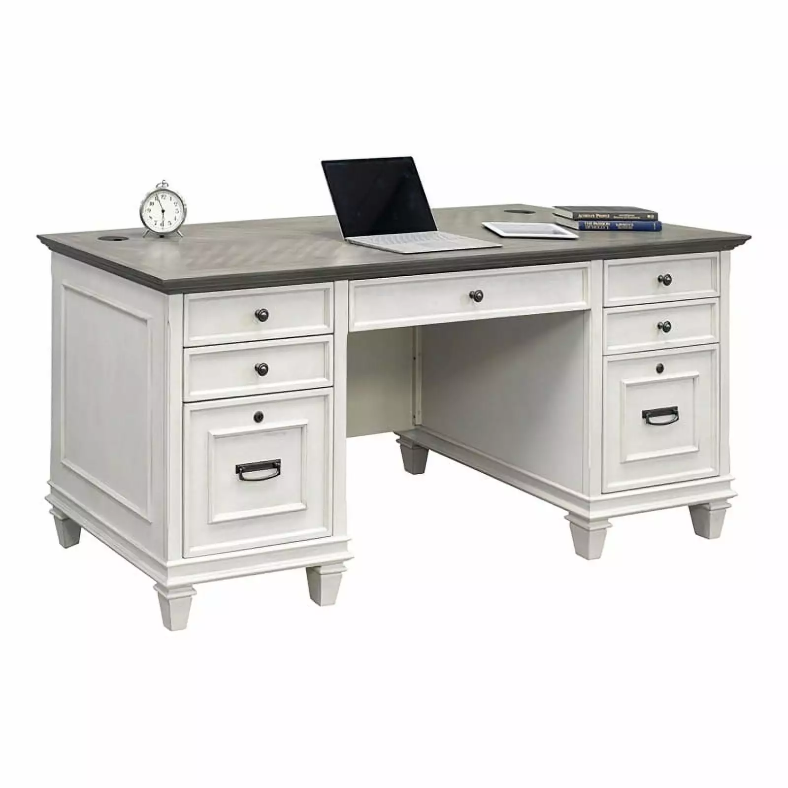 Beaumont Lane Farmhouse Wood Double Pedestal Executive Desk White and Gray