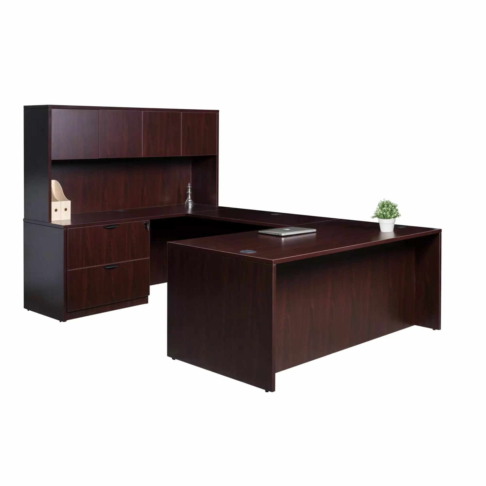 Boss Office 71 Inch Executive U-Shape Desk 2 Drawer Lateral File and 4 Door Hutch Mahogany Boss Office Product