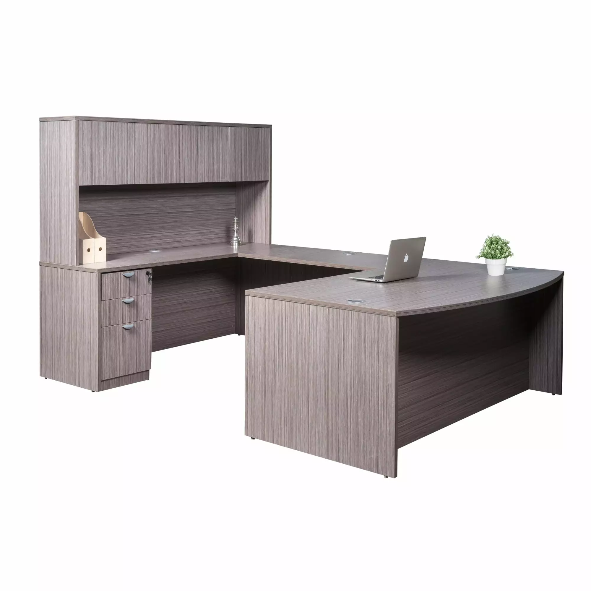 Boss Office 71 Inch Executive U-Shaped Curved Bow Desk Storage Pedestal and 4 Door Hutch Driftwood Boss Office Product